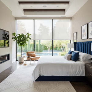 A luxury bedroom has large windows with solar shadees.