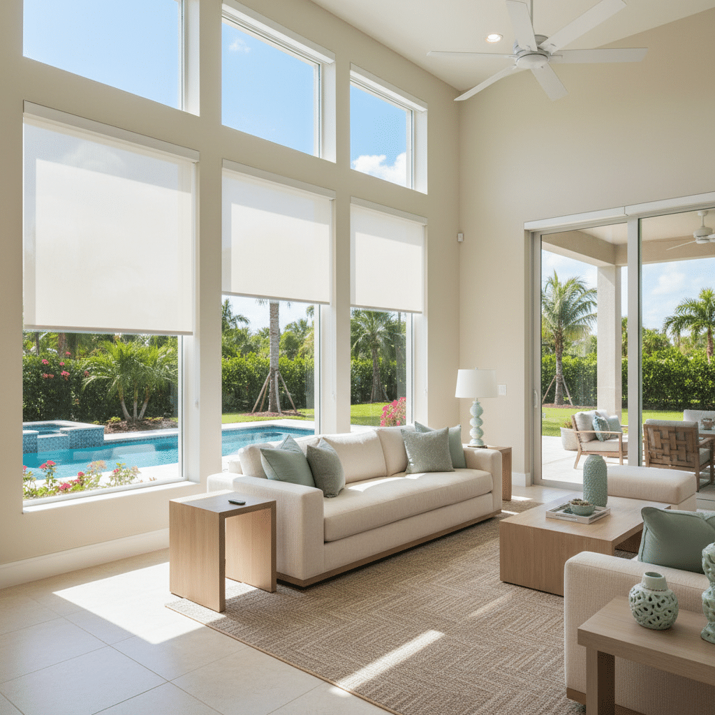 An open living room has large windows with a pool and patio in view.