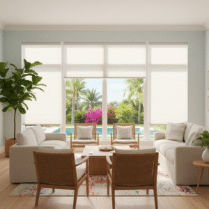 A bright and cheerful living room has roller shades on the windows