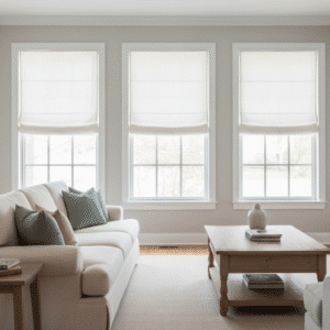 A comfortable living room in pale neutral tones has white roman shades on the windows.