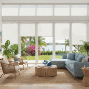 A cozy southern living room with large windows looks over a lake.