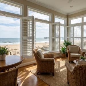 A sunroom witth ocean views has plantation shutters open for a better view.