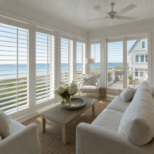 A comfortable living room with beach front views has plantation shutters on the oversized windows.