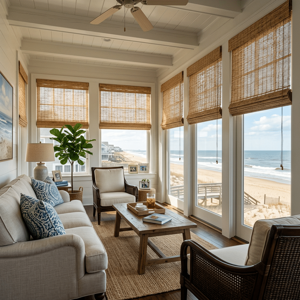 A sunroom with beach views has woven wood shades.