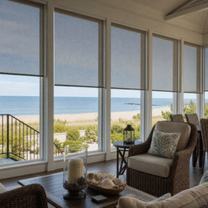 A sunroom with large windows and ocean views has solar shades.