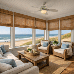 Bamboo shades cover the large windows of a beach facing sunroom.