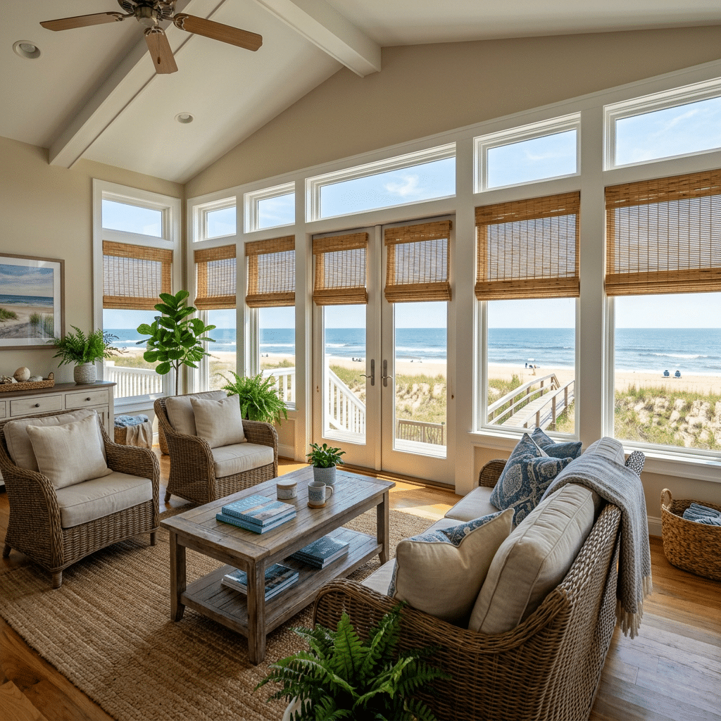 A large sunroom in VA Beach has windows with woven wood shades.
