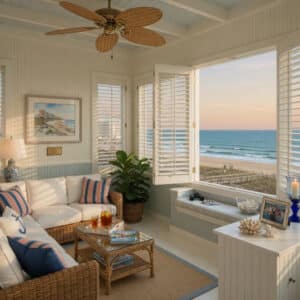 Plantation shutters in a sunroom are open to ocean views.
