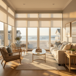Solar shades help a sunroom control glare in the light of the morning sun.