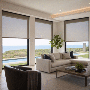 A comfortable living room with beach views has roller shades on the large windows.