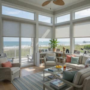 A VA Beach home has large windows with roller shades to block glarre.