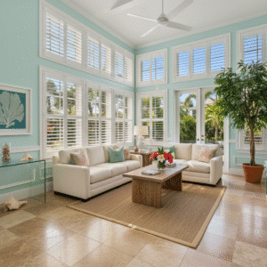 An open concept room with large windows has shutters.