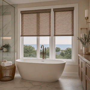 A bathroom with ocean views has a woven wood shade over the window.