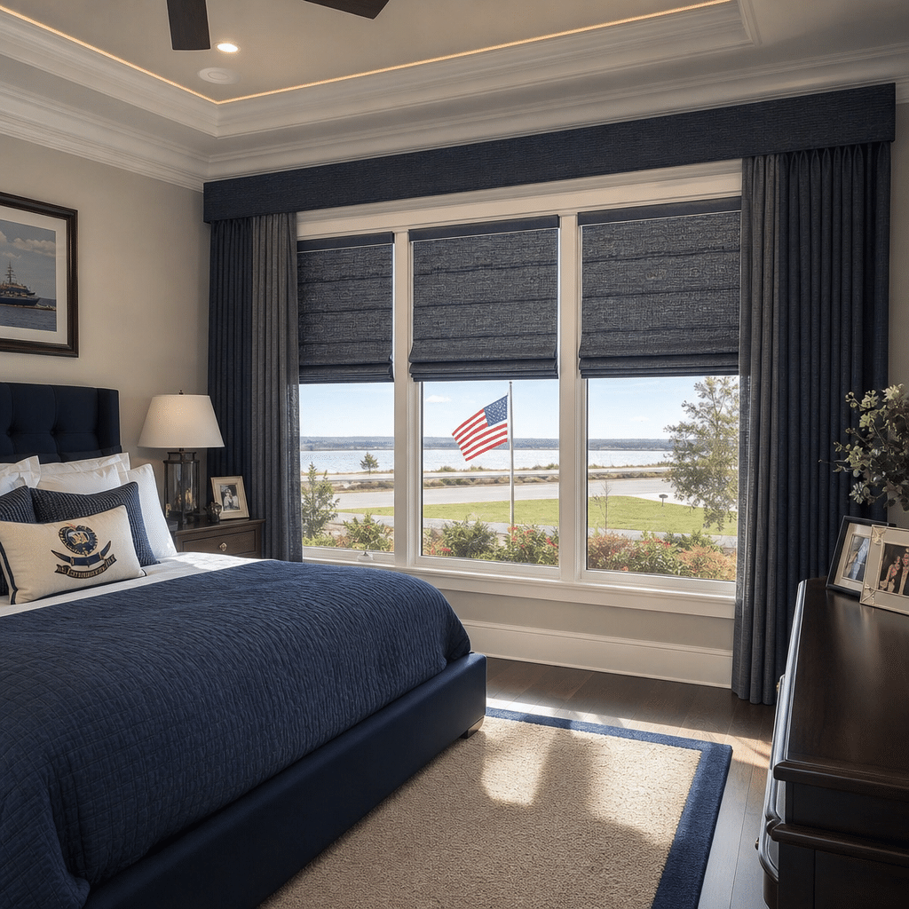 Bedroom in a military family's home with layered window treatments.