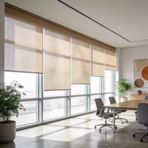 A conference room in Virginia Beach has large windows with beige solar shades.