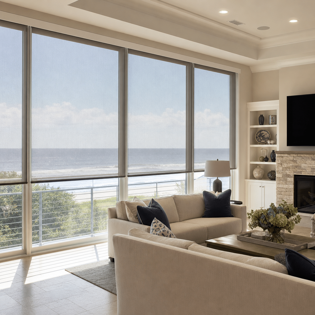 A comfortable VA Beach living room has large windows with solar shades.