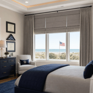 A bedroom with layered window treatments shows the US flag out the window.