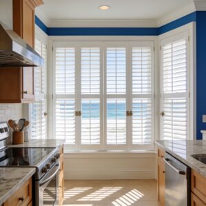 A kitchen with ocean views has plantation shutters on the windows.