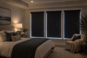 A darkened bedroom has blackout shades pulled down for sleeping.