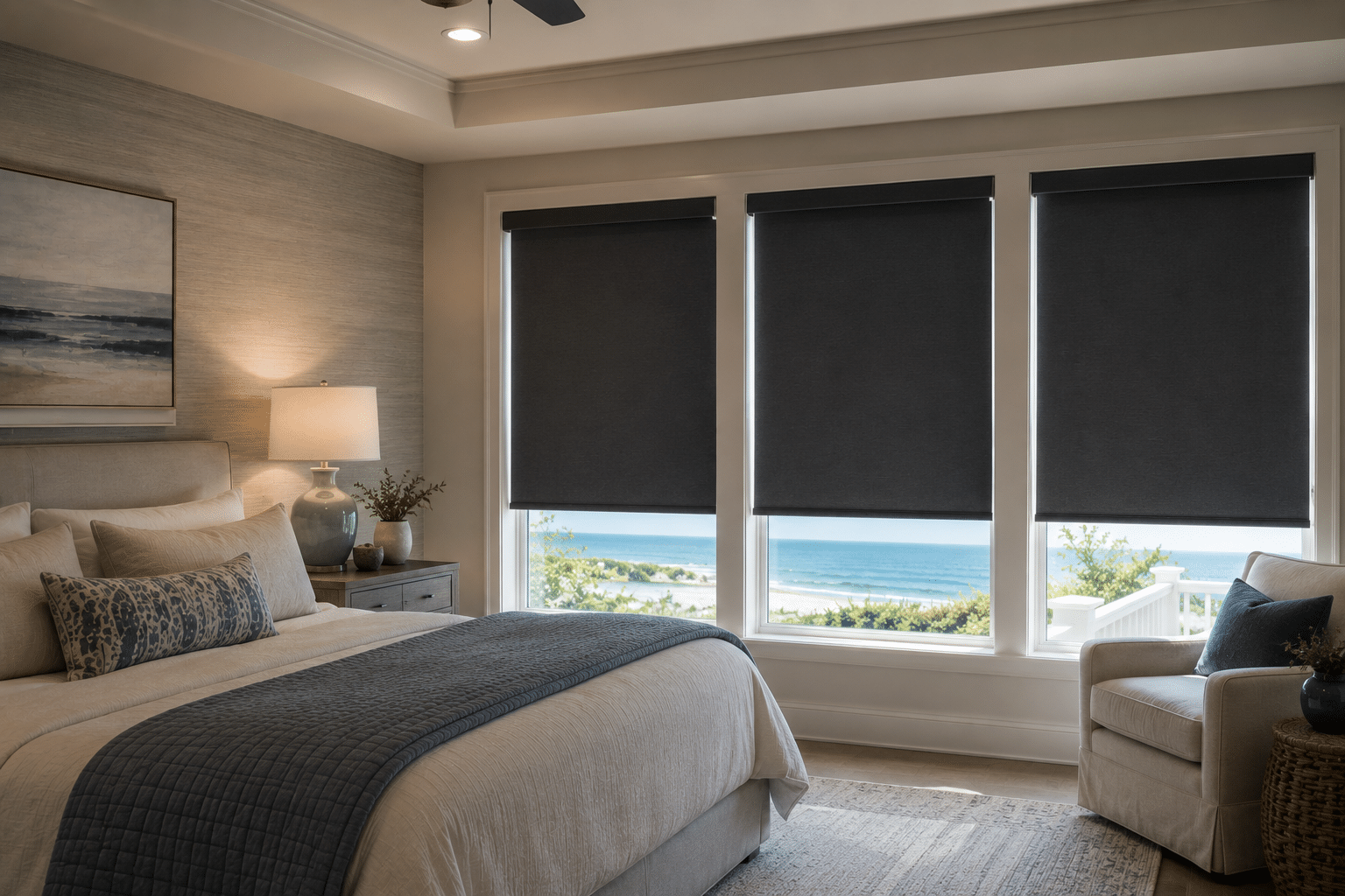A comfortable bedroom in Virginia Beach stays cool with blackout shades.