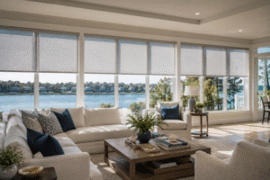 An elegant coastal living room with large windows is shaded by solar shades.
