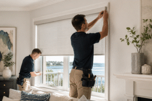Two professional window treatment installers work on a shade.