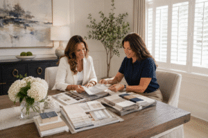 Two women discuss window treatment samples in a living room.