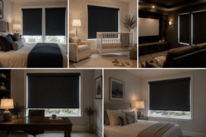 A collage of several different rooms with blackout shades.