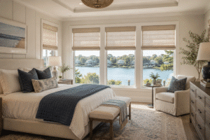 A coastal bedroom has roman shades on the windows.