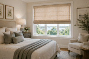 A cozy bedroom has roman shades covering the bedroom window.