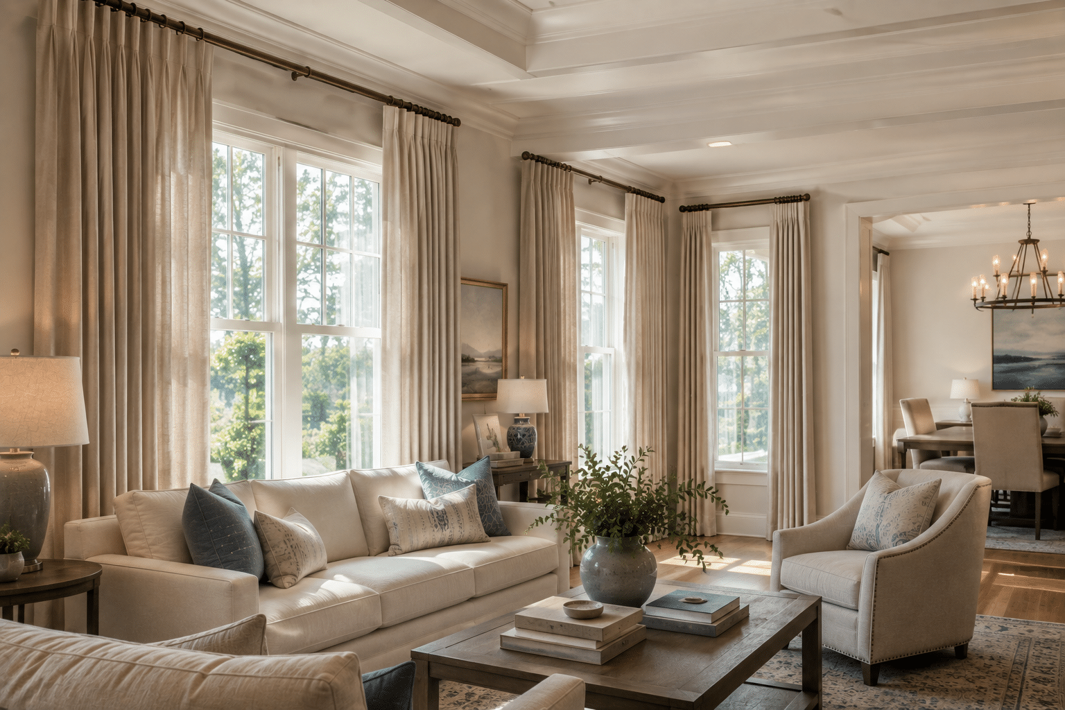 An elegant coastal living room has custom drapery on the windows.