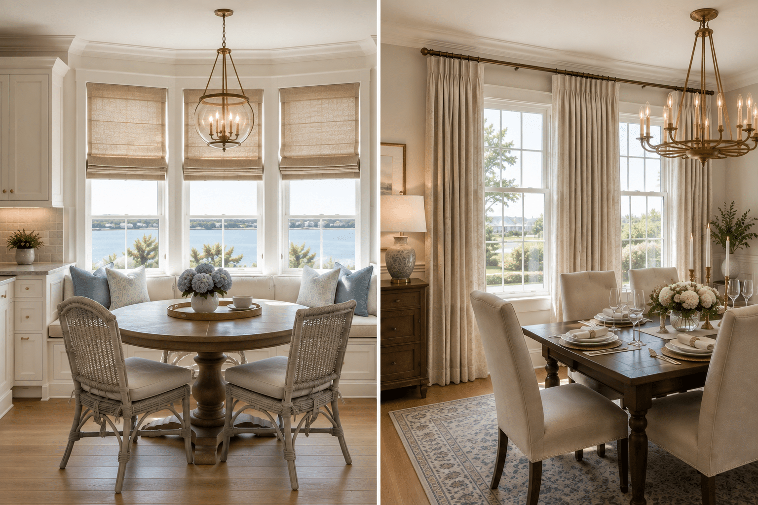 A split screen of two rooms, one with Roman shades and the other with drapery.