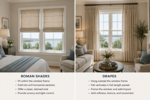 A split screen of the differnces between roman shades and custom drapery.