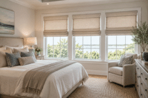 Cozy bedroom with made bed, chair, and cream colored roman shades on the windows.