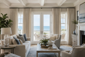 A coastal living room has drapery panels framing the large window.