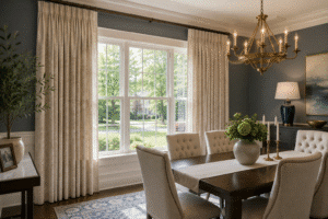 An elegant dining room has cream colored drapery on a large window.