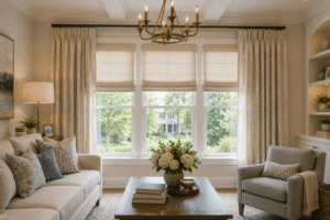 An elegant living room layers window treatments in a large window.
