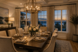An elegant dining room at dusk has custom drapery on the windows.