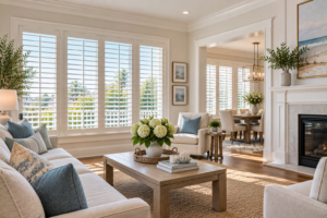 Interior shutters are on large windows in a coastal living room.