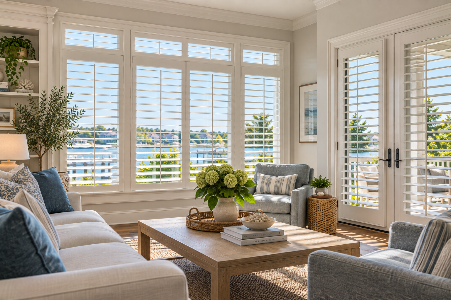A lovely coastal home has window interior shutters overlooking the ocean.
