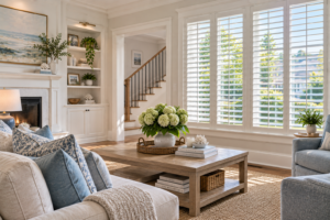 A lovely coastal home has shutters on the window.