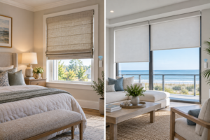 A split screen of two rooms, a bedroom with roman shades, a living room with roller shades.