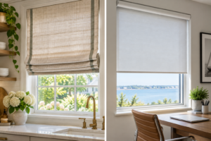 A split sceen of two rooms, one with roller shades and one with roman shades.
