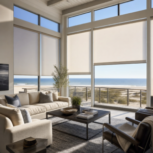 A coastal home overlooking the ocean has roller shades on large windows.