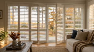 A Virrginia Beach home has large windows with plantation shutters.