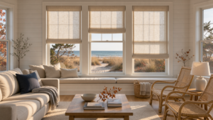 A Virginia Beach coastal home has roman shades on the windows.
