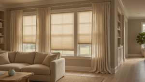 A cozy room is darkened by lowered roman shades and drapery.