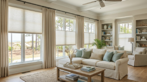 Windows in a cozy home have motorized top-down bottom-up shades.