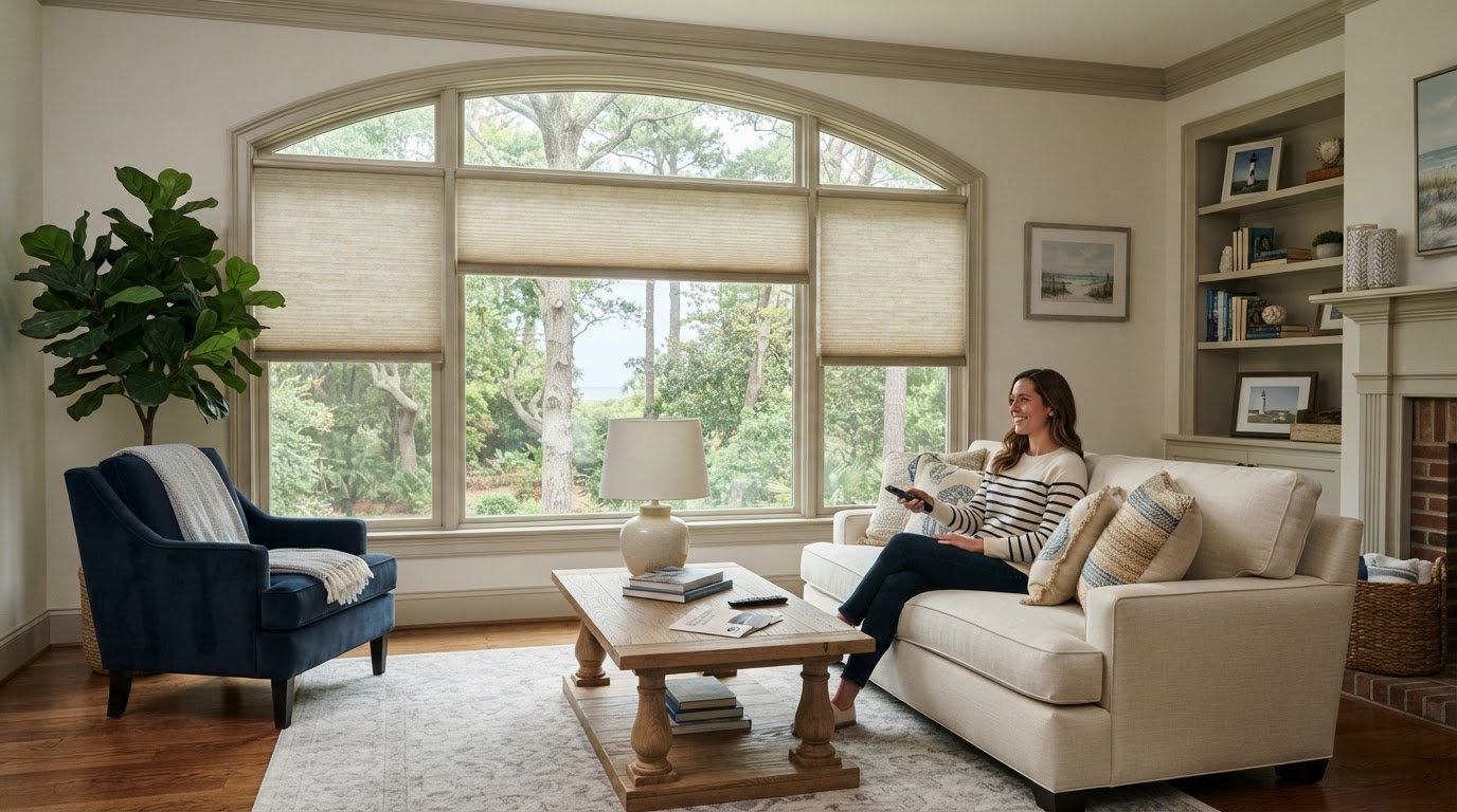 A woman sits on a couch in front of a window with cellular shades.