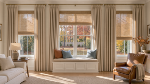 A comfortable home has woven wood shades and drapery around windows looking at fall trees.